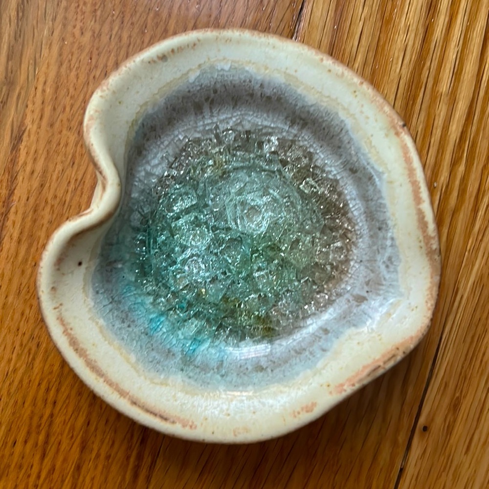 Crackled finish handmade ceramic dish
